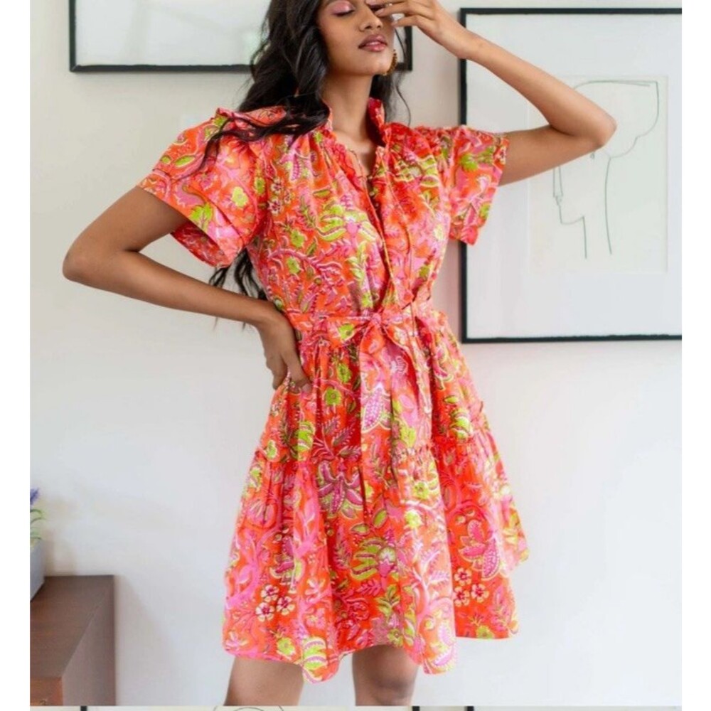 Poppy Mini Dress Sohana  Short Sleeved Tiered Vibrant Pink Pockets Cotton Sz XS